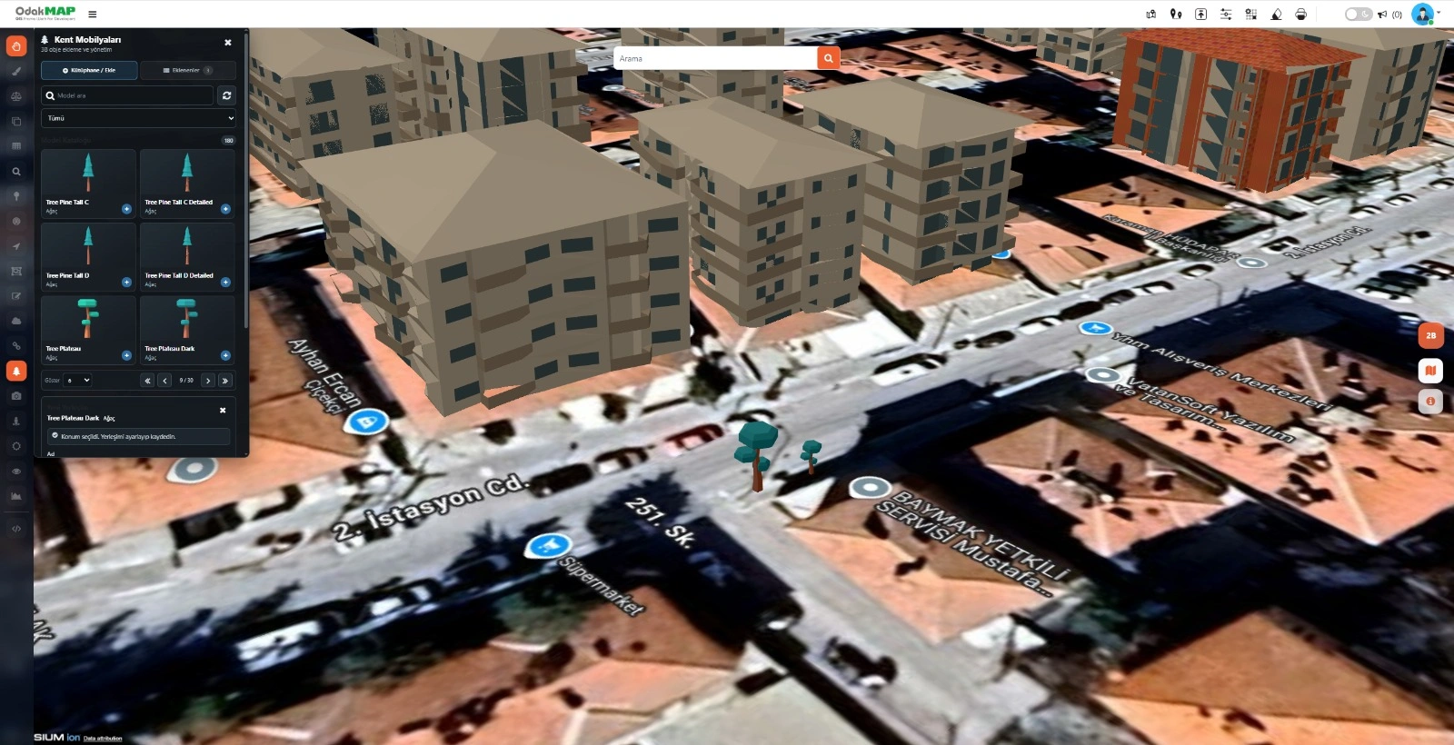 OdakTwin kent mobilyası model kütüphanesi ve haritaya ağaç yerleştirme ekranı