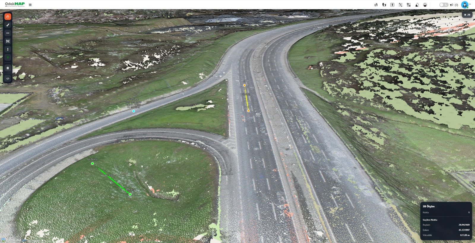 OdakTwin LiDAR nokta bulutu üzerinde ölçüm ekranı
