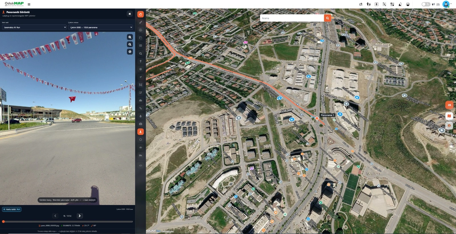 OdakTwin 360 derece panoramik görüntü ve çekim rotası ekranı